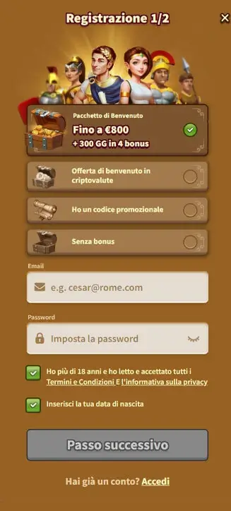 Processo di registrazione di My Empire su smartphone